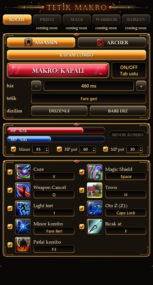 Tetik Makro Assassin paneli: R SPAM COMBO, MAKRO: KAPALI düğmesi, hız 460 ms, tetik tuşu, HP/MP barları, pot eşikleri, bıçak atma ve patlama kombosu tuşları.