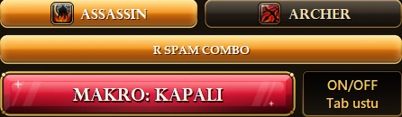 Uygulamadan kesit: Assassin seçili, R SPAM COMBO düğmesi ve MAKRO: KAPALI düğmesi.