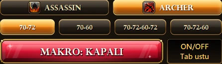 Uygulamadan kesit: Archer seçili, 70-72, 70-60, 70-72-60-72 ve 70-72-60 kombo düğmeleri ve MAKRO: KAPALI düğmesi.
