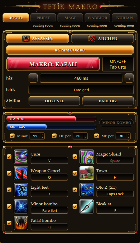 Tetik Makro Assassin paneli: R SPAM COMBO, hız, tetik tuşu, pot eşikleri, bıçak atma ve patlama kombosu tuşları.